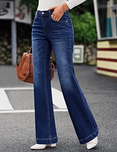 GRAPENT Womens Plus Size Stretch High Waisted Flare Ripped Jeans, 70s Outfits, Jeans Size 12, Wide Leg Pants Color Deep Blue, Size 14. - Image 2