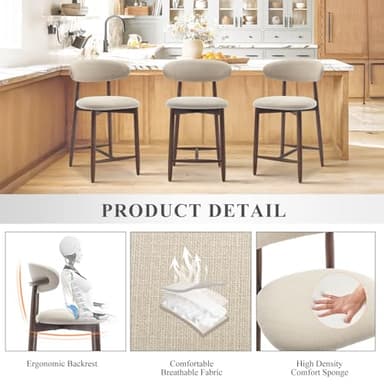 COLAMY Counter Height Bar Stools Set of 4, Kitchen Bar Stools with Back, Mid Century Modern Upholstered Bar Stools with Wood Legs for Kitchen Island Dining Room Bar, Beige - Image 4