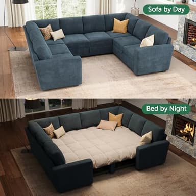 HONBAY Modular Sectional Couch with Pull Out Bed, Corduroy Sleeper Sofa with Storage Seats, U Shaped Sectional Couches for Living Room, Blue - Image 3