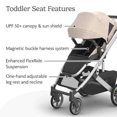 UPPAbaby Cruz V3 Stroller - from Birth + Car Seat Compatible - Full-Size, Reversible Seat - Infant Insert, Bug and Rain Shields Included - Declan (Oat Mélange/Silver Frame/Chestnut Leather) - Image 5
