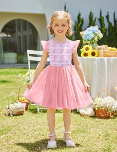 Arshiner Toddlers Tutu Dress Tie Back Ruffle Sleeve Tulle Pink Mermaid Party Special Occasion Little Kids Summer Dresses 5t - Image 4
