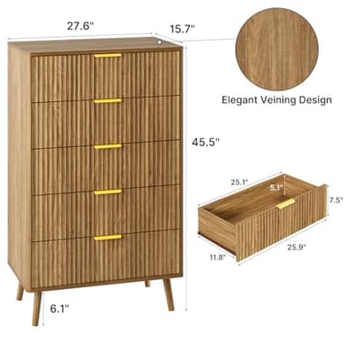 LYNSOM Fluted 5 Drawers Dresser, 45" Tall Modern Chest of Drawers with Curved Profile Design and Metal Handle, Wood Drawer Organizer for Bedroom, Living Room, Hallway, Entryway, Natural Oak - Image 2