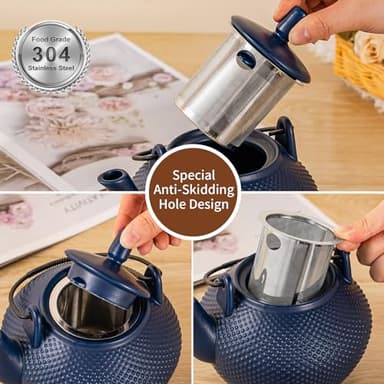 TEATALK Ceramic Teapot with Warmer: 27 oz Large Tea Pot with Infuser for Loose Tea, Blue Teapot with Strainer - Image 4