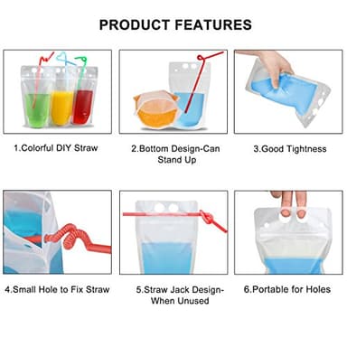 100 Pcs Drink Pouches with 100 Straw Holes, Freezable Juice Pouches, Translucent Reclosable Zipper Plastic Pouche Drink Bags for Cold & Hot Drinks for Adults and Kids - Image 6