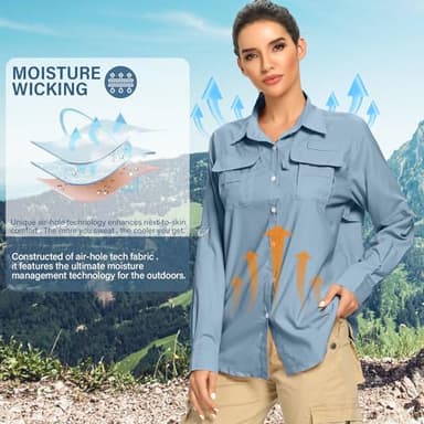 Women's UPF Long Sleeve Fishing Shirts Button Up Hiking Safari Shirts Sun Protection and Quick Dry,Light Blue,XXL - Image 7