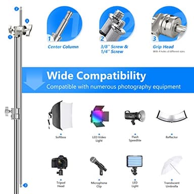 NEEWER Pro 100% Stainless Steel Heavy Duty C Stand with Boom Arm, Max Height 10.5ft/320cm Photography Light Stand with 4.2ft/128cm Holding Arm, 2 Grip Head for Studio Monolight, Softbox, Reflector - Image 3