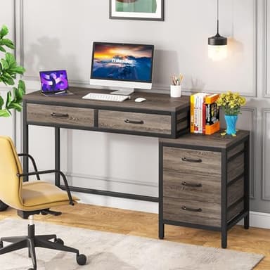 Tribesigns Computer Desk with 5 Drawers, Home Office Desks with Reversible Drawer Cabinet Printer Stand, Industrial PC Desk with Storage, Grey Study Writing Table Workstation for Small Spaces - Image 5