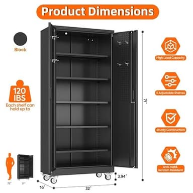 Aobabo Garage Storage Cabinet with Door Pegboard,Lockable Metal Storage Cabinet with 5 Adjustable Shelves for Garage Home,Required Assembly,Black - Image 3
