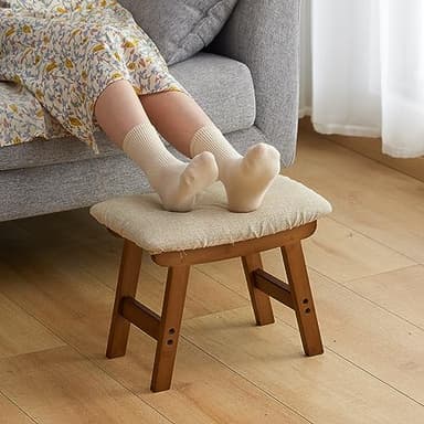 Foot Stool Ottoman Foot Rest Under Desk,Small Stool for Living Room, Bedroom and Kitchen (Brown Legs - Beige Stool Surface) - Image 2