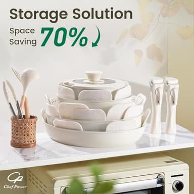 Chef Power Ceramic Cookware Set Non Toxic with Detachable Handles, Healthy Nonstick Pans and Pots Set 19 Pcs, Induction Dishwasher Oven Safe Kitchen Set, PFAS PFOA & PTFE Free, Cream White - Image 3