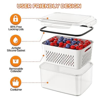5-Pack Fruit Storage Containers for Fridge with Removable Colanders, 4 in 1 Produce Storage Containers with Lids, Leakproof Fridge Organizer Bins for Salad Berry Lettuce Vegetables Meat Keeper Fresh - Image 4