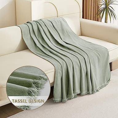 MYSKY HOME Sectional Couch Cover Blanket Living Room Furniture Protector for Pets, Farmhouse Home Decor Sofa Covers Tassel Chenielle Sofa Slipcover Soft Throw Couch for Dogs, 71" X 150", Sage Green - Image 3