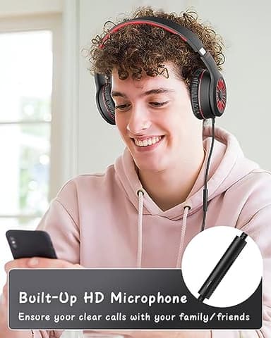 NIVAVA Wired Headphones with Microphone, K16 On-Ear Headphones for Kids with 3.5MM Jack, Foldable Stereo Bass Headset for Teens School Amazon Kindle, Chromebook, Tablet(Black Red) - Image 6