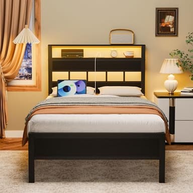 Furnulem Twin Bed Frames with Charging Station and LED Lights, Twin Size Platform Bed with Metal Slats, Wood Headboard with 2-Tier Storage Shelves, No Box Spring Needed, Black Oak - Image 5