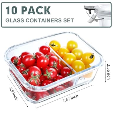 VERONES 10 Pack Glass Meal Prep Containers 2 Compartment Set, 30 OZ Airtight Glass Lunch Containers, Glass Food Storage Containers with Lids, for Microwave, Oven, Freezer & Dishwasher Friendly,Grey - Image 2