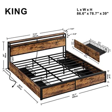 LIKIMIO King Size Bed Frame with 4 Storage Drawers, 2-Tier Storage Headboard with Charging Station, Double Bed Frame King Size for Bedroom, No Box Spring Needed, Easy Assembly, Vintage Brown - Image 2