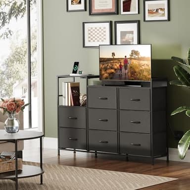 WLIVE Black TV Stand with Charging Station, Entertainment Center with 8 Fabric Drawer, TV Media Console Table Open Storage Shelves, Wood Top for Living Room, Hallway - Image 2