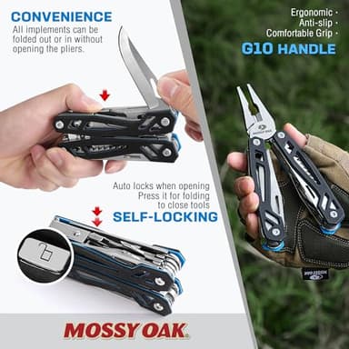 MOSSY OAK Multitool, 21-in-1 Stainless Steel Pocket Knife with G10 Handle, Screwdriver Sleeve, Self-locking Pliers with Sheath-Perfect for Outdoor, Survival, Camping, Hiking, Simple Repair - Image 4