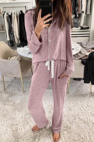 Aamikast Women's Two-piece Classic knit Pajama Sets Long Sleeve Button Down Sleepwear (M, Pink) - Image 5