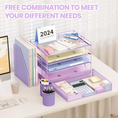 OPNICE Desk Organizer and Accessories, 4-Tier Desktop File Organizer with Drawer and 2 Pen Holders, Office Desk Accessories for Office Supplies(Purple) - Image 5