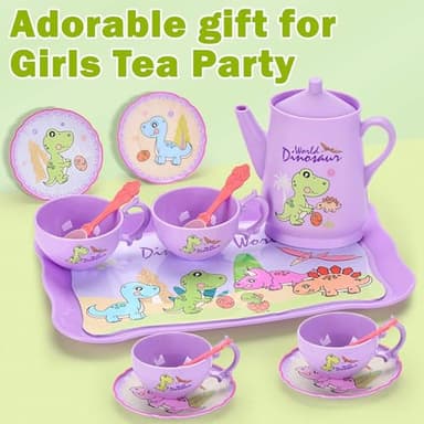 Lajeje Dinosaurs Tea Party Set for Little Girls, Pretend Plastic Teapot Set, Princess Tea Time Play Kitchen Toy with Dessert, Carrying Case for Birthday Easter Gifts Kids Toddlers Age 3 4 5 6 - Image 2