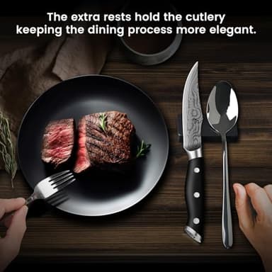 CoquusAid Steak Knives Set of 6, 4.8 Inch Non Serrated Razor-Sharp Durable Dinner knives with Rest, German Stainless Steel Damascus Pattern Full Tang Forged, Rust Resistant & Easy to Maintain - Image 5