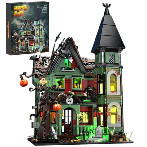 iATOM Haunted House Building Set with Lights, Halloween Mansion Building Toy Compatible with Lego for Adults, Horror Village Town Architecture Include Pumpkin Skeleton Spooky Bat Cat, F-C9987 - Image 1