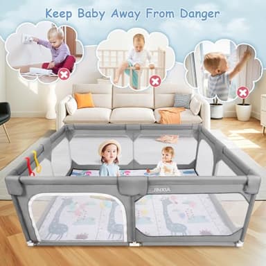 JINXIA Baby Playpen with Mat 75"*59", Large Play Pen for Babies and Toddlers with Soft Breathable Mesh, Climb-Proof Anti-Fall Baby Playpen, Sturdy Safety Play Yard for Indoor Outdoor Fun, Grey - Image 2
