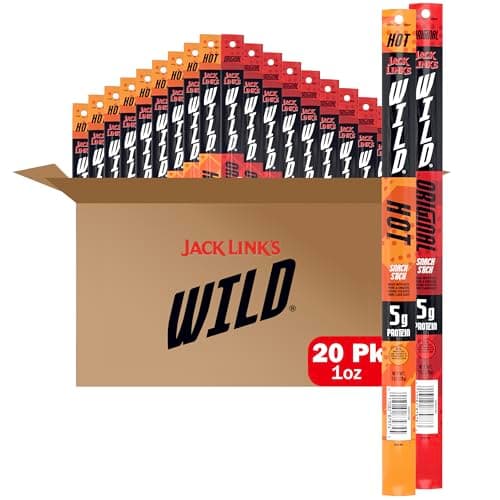 Jack Link's WILD Snack Sticks, Original and Hot Variety Pack - Protein Snack Sticks with 5g of Protein per Serving, Keto Friendly, Individually Wrapped - 1.0 Oz. (Pack of 20) - Image 1