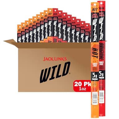Jack Link's WILD Snack Sticks, Original and Hot Variety Pack - Protein Snack Sticks with 5g of Protein per Serving, Keto Friendly, Individually Wrapped - 1.0 Oz. (Pack of 20) - Image 1