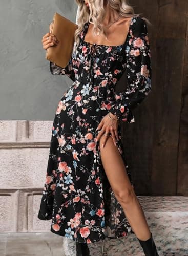 BLENCOT Women's Floral Print Puff Long Sleeve Maxi Dress Sexy Square Neck Tie Front Ruffle Hem Split A-line Beach Dresses Black L - Image 2