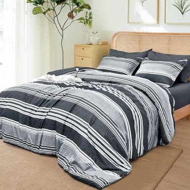 PHF 7 Pieces King Comforter Set, Striped Bed in A Bag, Charcoal Grey Stripe Bedding & 18" Deep Pocket All Season, Ultra Soft Bedding Sets with Comforter, Sheets, Pillowcases & Shams - Image 2
