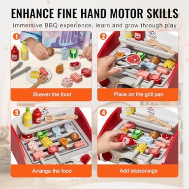 VEVOR Kids BBQ Grill Toy, Wooden Barbecue Kitchen with Realistic Carbon Fire, Wooden Play Food Kitchen Accessory (26 PCS), Indoor/Outdoor Interactive Pretend Play Toys for Boys Girls Ages 3+ Gift - Image 3