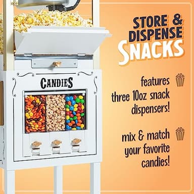 Vintage 8 Ounce Professional Popcorn and Dispensing Cart, Makes Up to 32 Cups, Three Storage Dispensers for Kernels, Candy, Nuts, Chocolate, Measuring Spoons and -Scoop Included - Image 3