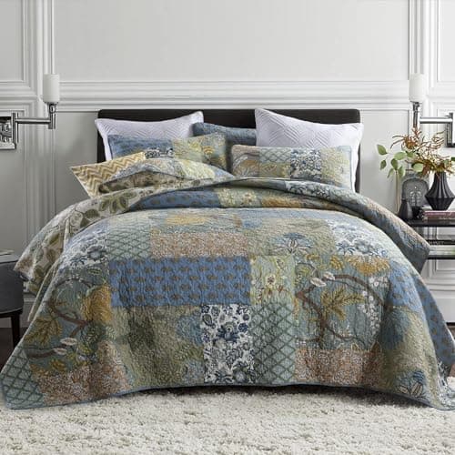 Secgo California King Quilt Size - 100% Cotton Oversized California Comforter Set Green Bedding Sets (120 * 110 Inch) with 2 Pillow Shams, Patchwork Reversible Lightweight Bedspread - Image 1
