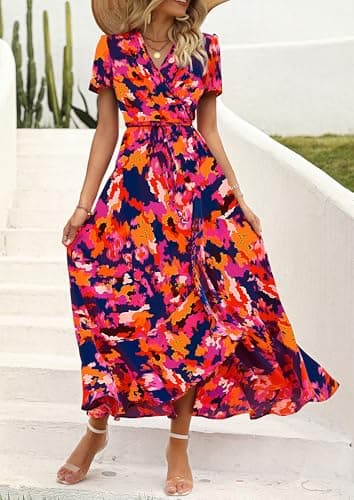 PRETTYGARDEN Women's Summer Wrap Maxi Dress Casual Boho Floral V Neck Short Sleeve Ruffle Hem Split Beach Long Dresses (Blue Orange Floral,Small) - Image 3