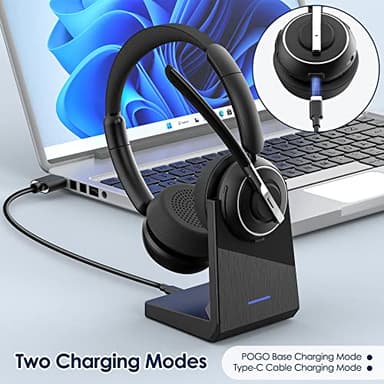 Wireless Headset, Bluetooth Headset with AI Noise Cancelling Mic, Bluetooth V5.2 Headphones with USB Dongle, Charging Base & Mic Mute for PC/Cell Phones/Call Center (Black) - Image 4