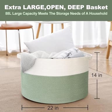 MEGASKET Extra Large Blanket Basket, 22" X 22" X 14" Kids Dog Toy Storage Bin Box, Nursery Baby Toddler Toy Organizer, Soft Cotton Rope Woven Bin, Large Basket for Blankets for Living Room, Green - Image 3