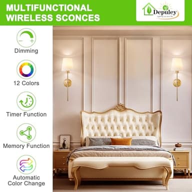 Depuley Battery Operated Wall Sconce: Set of 2 Wireless Wall Lights with Remote for Bedroom - Rechargeable 15 Colors Gold Wall Lamp for Living Room Hallway - Image 3
