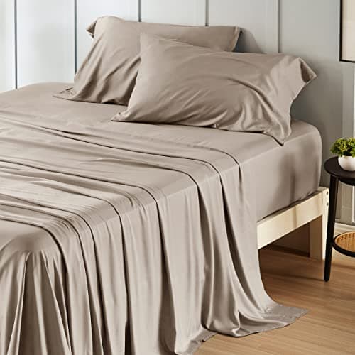 Bedsure GentleSoft King Size Sheets Set, Cooling Sheets for Hot Sleepers, Rayon Derived from Bamboo, Breathable & Soft, Deep Pocket Up to 16 Inches, Hotel Luxury Silky Bedding, Simply Taupe - Image 1