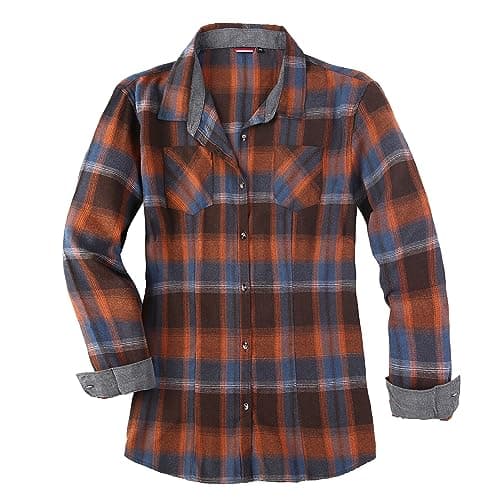 Esabel.C Flannel Shirts for Women Long Sleeve Button Down Plaid Fall Shirt Casual Work Tops,Orange/Blue,L - Image 1