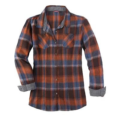 Esabel.C Flannel Shirts for Women Long Sleeve Button Down Plaid Fall Shirt Casual Work Tops,Orange/Blue,L - Image 1
