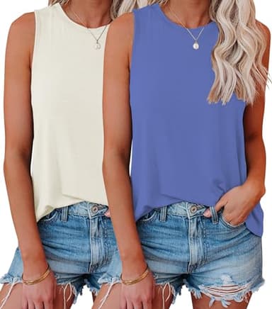 Vemodoo Tank Top Women 2025 Casual Soft Loose Spring Summer Sleeveless Tee Shirts Basic Trendy Outfits Clothes Blue/Beige XL - Image 1