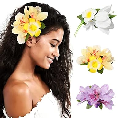 HAIMEIKANG Hair Clip, 3 Pieces Hawaiian Flower Hair Pins - Artificial Tropical Flower Hair Accessories for Women in White, Yellow, Purple (3 Count, 1 Package) - Image 1