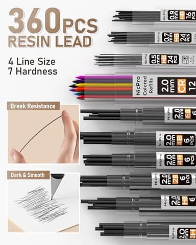 Nicpro 35PCS Art Mechanical Pencil Set, 3 PCS Metal Drafting Pencil 0.5 mm & 0.7 mm & 0.9 mm & 3 PCS 2mm Lead Holder (6B 4B 2B HB 2H 4H Colors) For Sketching Drawing With 20 Tube Lead Refills Case - Image 4