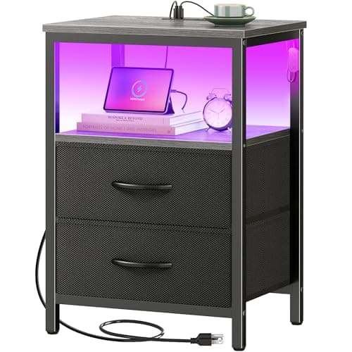 Huuger Night Stand with Charger Station and LED Lights, 2 Drawer Nightstand, Bed Side Table with Open Shelf, End Table, Fabric Dresser for Bedroom, Grey - Image 1