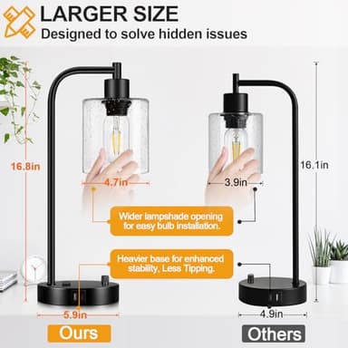 Set of 2 Industrial Table Lamps with 2 USB Port, Fully Stepless Dimmable Bedside Lamps for bedrooms, Nightstand Desk Lamp with Seeded Glass Shade for Reading Living Room Office 2 LED Bulb Included - Image 4