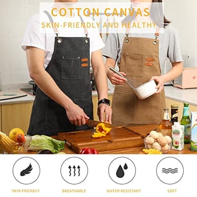 Tosewever Canvas Cross Back Chef Apron for Men Women with Adjustable Straps Large Pockets, Waterdrop Kitchen Heavy Duty Cotton Aprons for Tool Cooking BBQ Artist, M to XXL (Cappuccino Brown) - Image 2