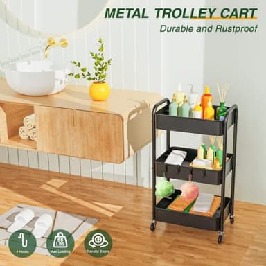 LEHOM 3 Tier Rolling Utility Cart, Metal Trolley Cart with Wheels, Hooks, Easy Assembly Organizer Storage Cart for Bathroom, Kitchen, Office, Bedroom(Black) - Image 3