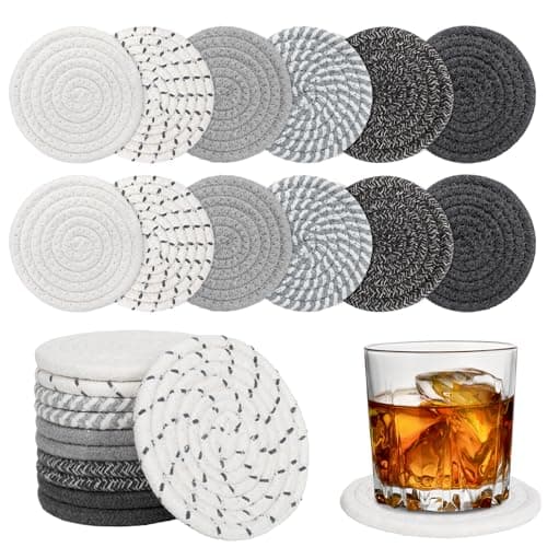 BUEDM 12 Pcs Boho Drink Coasters,Minimalist Cotton Handmade Woven Absorbent Drink Coasters,Heat Resistant Cotton Coasters for Coffee Table, Kitchen, Home Decoration - Image 1